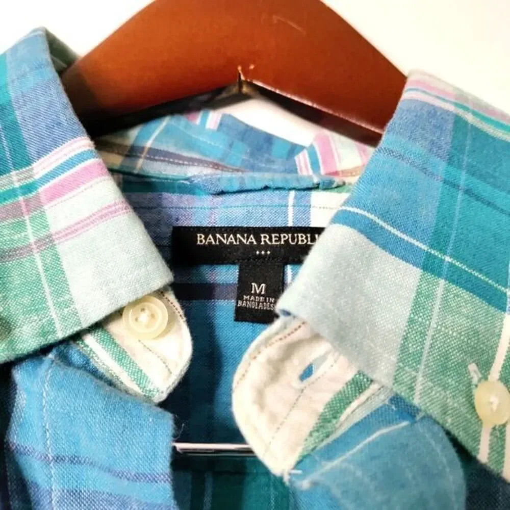 Banana Republic Men M Linen Plaid Long Sleeve Button Down Casual‎ Preppy Shirt